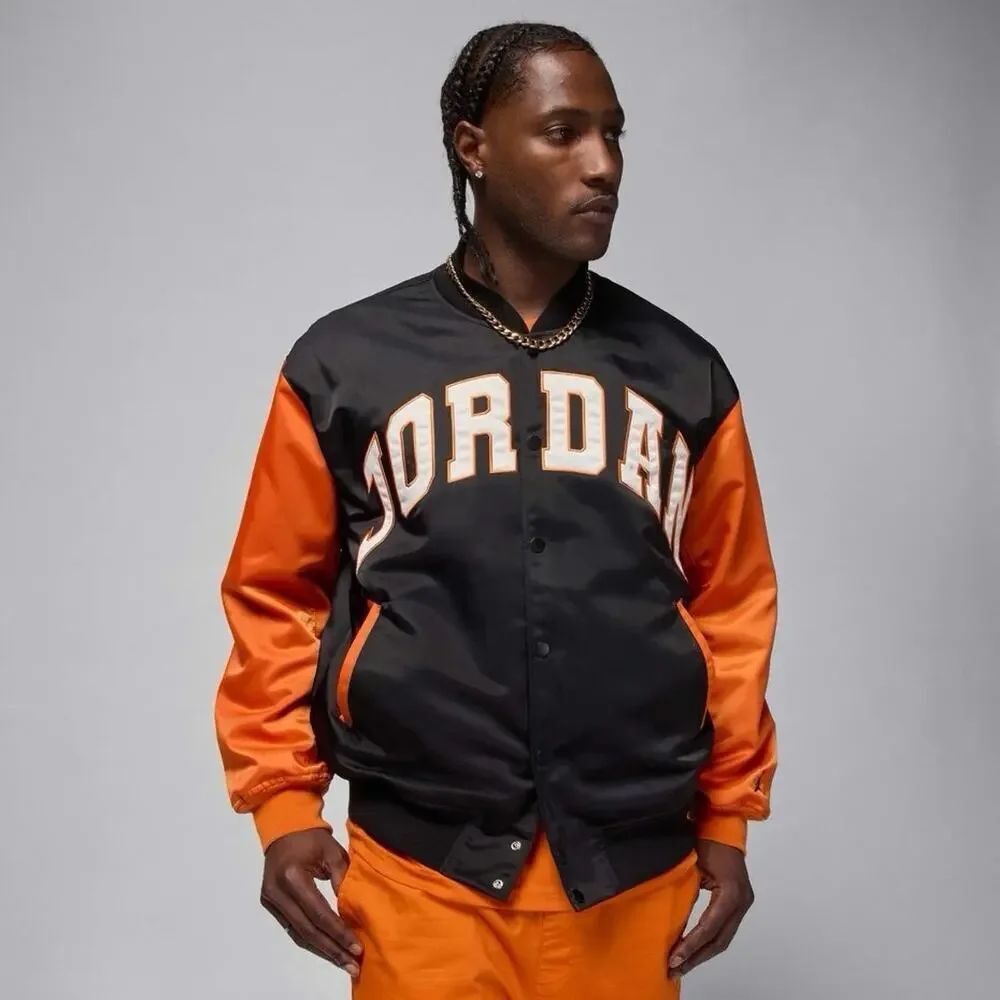 Nike Jordan Brooklyn Varsity Jacket Black/Orange Men Medium New HV0099-011 NWT